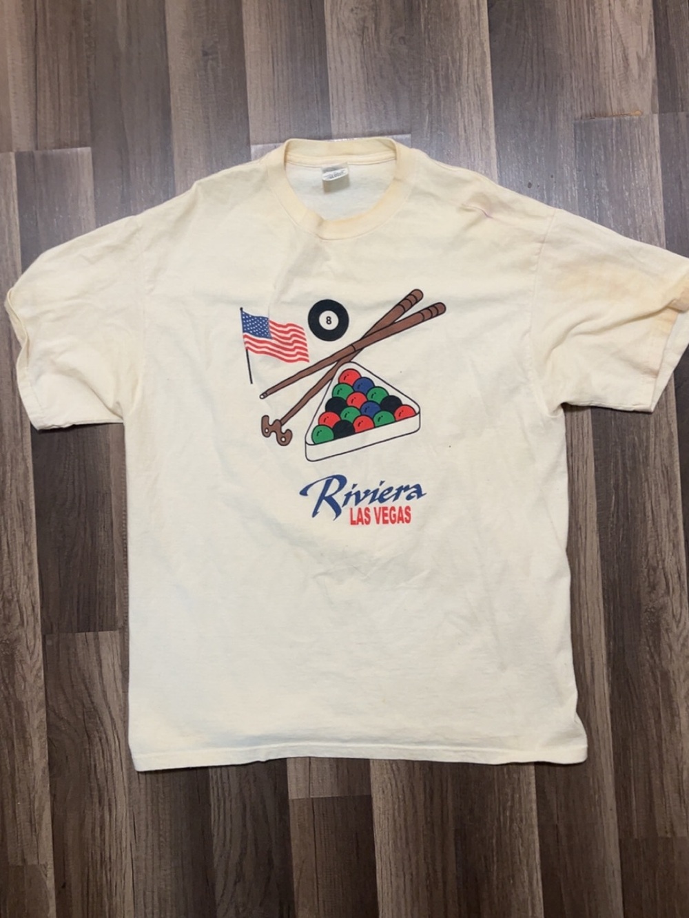 Vintage Las Vegas Riviera Pool American Flag Mens Large Cotton Cream Shirt